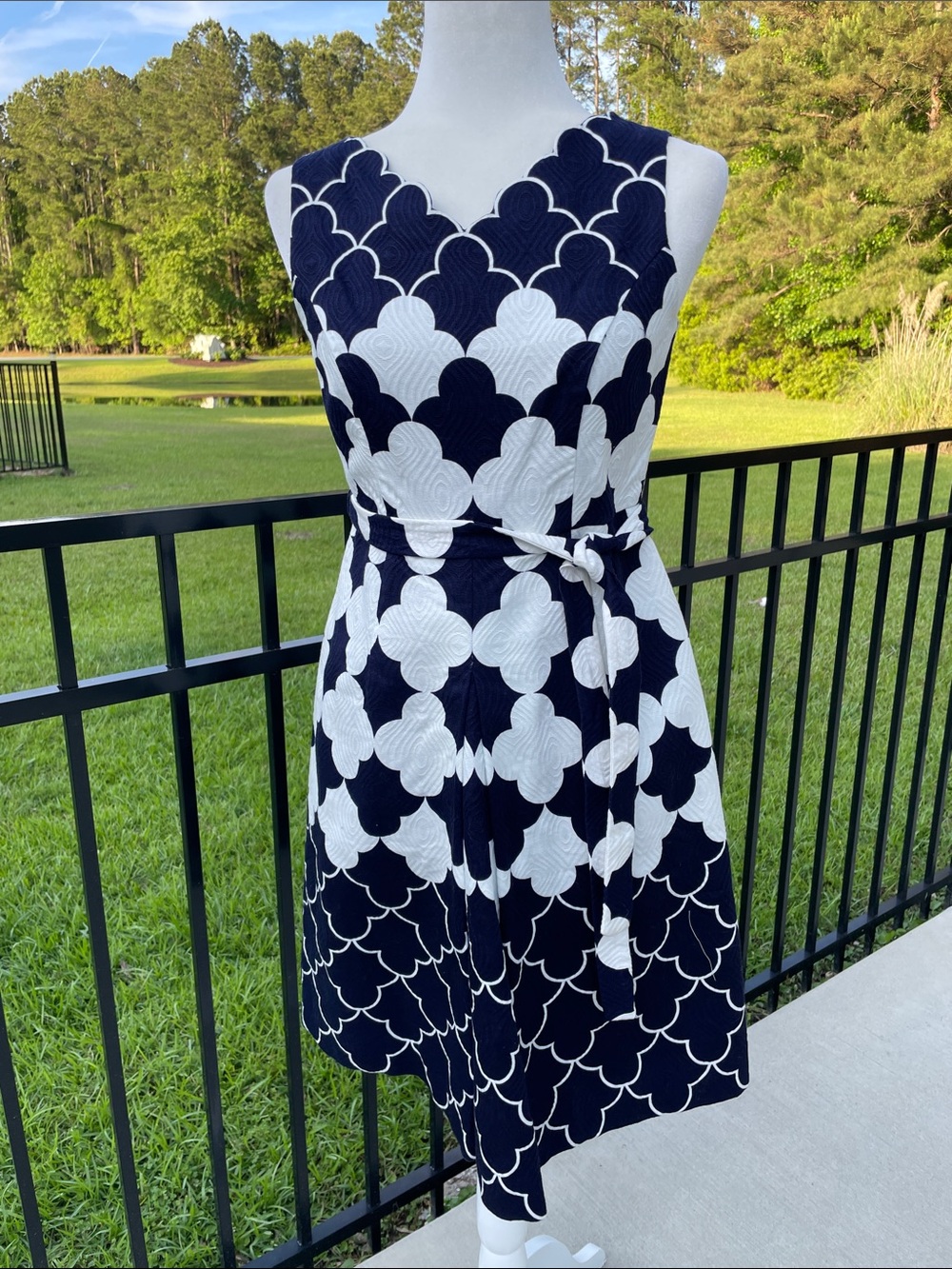 Talbots Navy and White Scallop-Print Tie-Waist Midi Dress